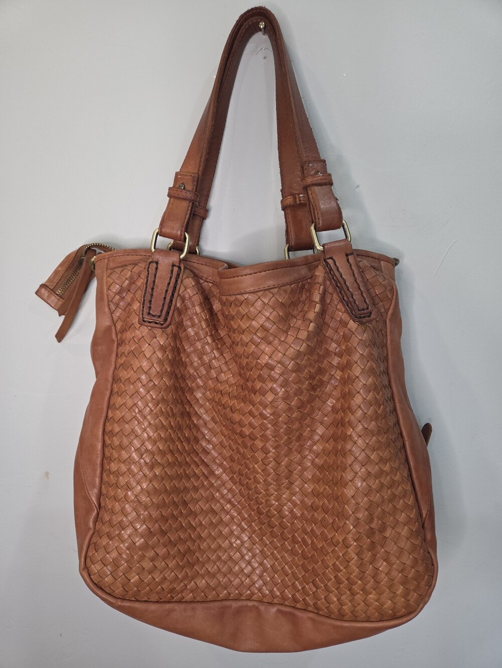 Imalatesta Brown Genuine Leather Woven Tote Purse Handbag Italy Boho - Picture 2 of 9